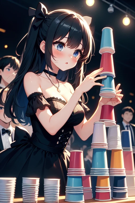 (((masterpiece))), (((best quality))), (((cup stacking))), hands up, holding, table, bare shoulder, strapless, necklace, black lace dress, floating hair, hair ornament, ribbon, choker, sweat, parted lips, venue, night, countless crowd, cinematic light, solo, 1girl, black hair, updo, ribbon, cleavage, big tits, sweat, shy, blush, slim figure, <lora:girllikecupstacking:0.8>