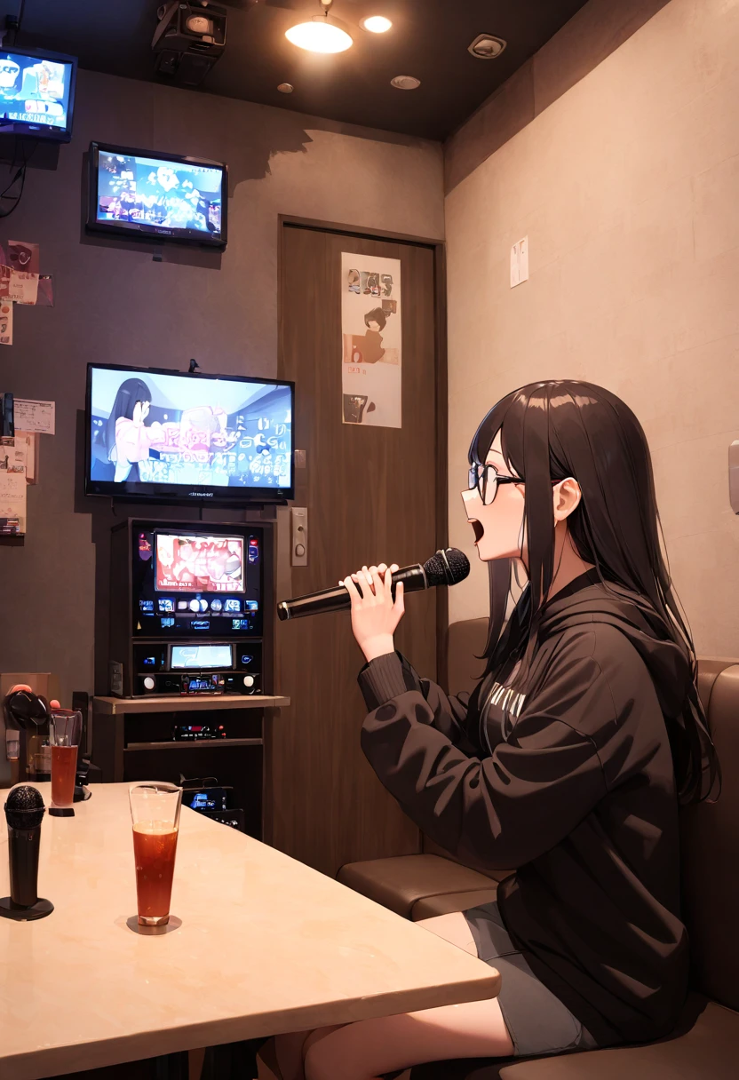 masterpiece, best quality, very aesthetic, absurdres,
1girl, solo, glasses, black hair, long hair, black hoodie, singing, holding microphone, karaoke, sitting, looking at another, upper body,
karaokeroom, scenery, table, door, indoors, couch, television,joypad, microphone,
<lora:karaokeroom_SDXL_V1:1>