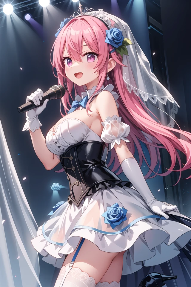 insanely detailed, absurdres, ultra-highres, ultra-detailed, best quality,
1girl, solo, nice hands, perfect hands
BREAK
(nsfw:-1.5),
(fusion of white mourning-dress and white wedding dress:1.2), (gothic dress:1.3), (light-blue and white theme:1.3), ((white mourning-veil, white see-through wedding-veil):1.5), ((white latex corset, light-blue breast-cup):1.4), (short puff-sleeve:1.3), ((white collar, tie-bow):1.3), ((ruffle-skirt, multilayer-skirt):1.4), ((stockings, garter belt):1.3), (see-through long gloves:1.3), (blue rose decoration on head:1.3), (high heels:1.1)
BREAK
happy smile, laugh, open mouth, (standing, singing, dancing, holding microphone:1.4)
BREAK
from side,
cute pose, cowboy shot
BREAK
slender, kawaii, perfect symmetrical face, ultra cute girl, ultra cute face, ultra detailed eyes, ultra detailed hair, ultra cute, ultra beautiful
BREAK
indoors, concert hall, idol live, crowded audience
BREAK
medium large breasts
BREAK
pink hair, pink eyes, chignon, hair between eyes