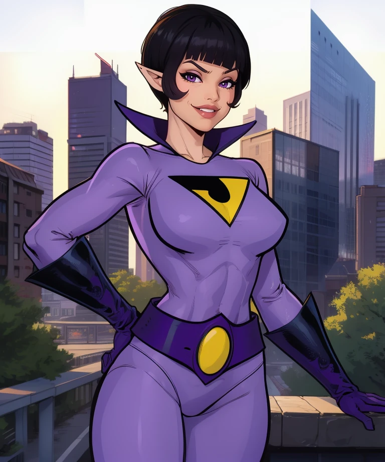 jayna,short hair,black hair,blunt bangs,lips,purple eyes,d pointy ears,
purple gloves,purple bodysuit,purple belt,J,
light smile,cityscape,cowboy shot,
(insanely detailed, masterpiece, best quality),solo,<lora:jaynaWTC:0.8>,