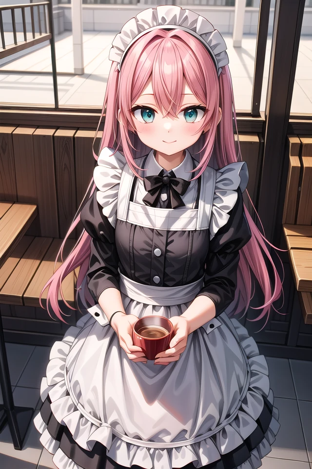 insanely detailed, absurdres, ultra-highres, ultra-detailed, best quality,
1girl, solo, nice hands, perfect hands
BREAK
(cleavage:-1.5),
(classical maid:1.2),
apron, blush, bow, bowtie, frilled apron, frills, long sleeves, maid, maid apron, maid headdress, waist apron, white apron,
(maid costume, maid hair dress:1.3), long skirt
BREAK
happy smile, laugh, closed mouth
BREAK
from above,
standing, cowboy shot, looking at viewer
BREAK
slender, kawaii, perfect symmetrical face, ultra cute girl, ultra cute face, ultra detailed eyes, ultra detailed hair, ultra cute, ultra beautiful
BREAK
in coffee shop, indoors, depth of field, ultra detailed background
BREAK
medium breasts
BREAK
(pink hair, dark green eyes), long hair, hair between eyes