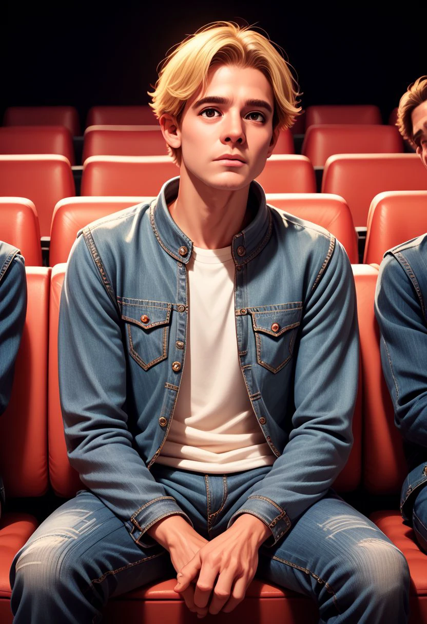 vintage americana, 1boy, male focus, denim jacket, movie theatre(place), seats,  denim pants, solo focus, short hair, brown eyes, blonde hair,  shirt, PonyXLV6_Scores zPDXL