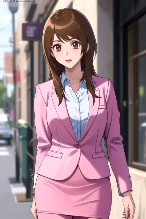 TinaToriko, 1girl, solo, long hair, pencil skirt, pink skirt, brown hair, shirt, brown eyes, pink jacket, pantyhose, eyelashes, makeup, formal, suit, lipstick, skirt suit