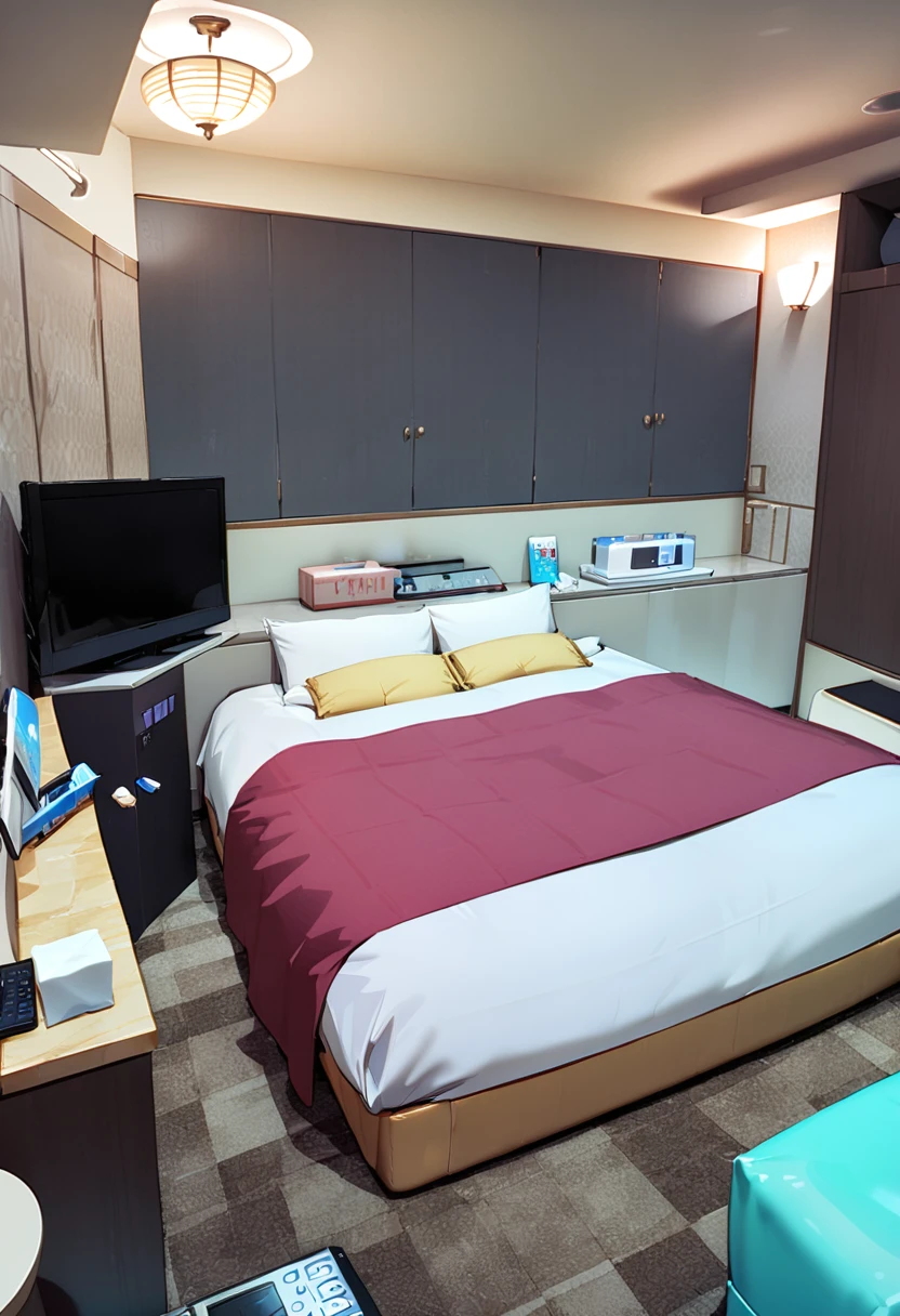masterpiece, best quality, very aesthetic, absurdres,
lovehotel, LHbedpanel, scenery, bed, indoors, lamp, couch, table, rug, bedroom, television, pillow, phone, tissue box, box, night,
<lora:LOVEHOTEL_SDXL_V4:1>