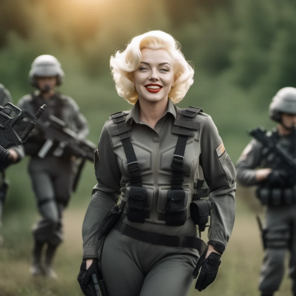 a full body Marilyn Monroe with a army suit and a helmet, smiles and use a flamethrower on  a bug <lora:StarshipTroopers1024:0.9>