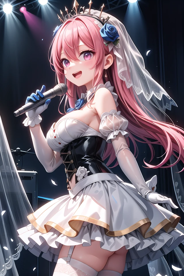 insanely detailed, absurdres, ultra-highres, ultra-detailed, best quality,
1girl, solo, nice hands, perfect hands
BREAK
(nsfw:-1.5),
(fusion of white mourning-dress and white wedding dress:1.2), (gothic dress:1.3), (light-blue and white theme:1.3), ((white mourning-veil, white see-through wedding-veil):1.5), ((white latex corset, light-blue breast-cup):1.4), (short puff-sleeve:1.3), ((white collar, tie-bow):1.3), ((ruffle-skirt, multilayer-skirt):1.4), ((stockings, garter belt):1.3), (see-through long gloves:1.3), (blue rose decoration on head:1.3), (high heels:1.1)
BREAK
happy smile, laugh, open mouth, (standing, singing, dancing, holding microphone:1.4)
BREAK
from side,
cute pose, cowboy shot
BREAK
slender, kawaii, perfect symmetrical face, ultra cute girl, ultra cute face, ultra detailed eyes, ultra detailed hair, ultra cute, ultra beautiful
BREAK
indoors, concert hall, idol live, crowded audience
BREAK
medium large breasts
BREAK
pink hair, pink eyes, chignon, hair between eyes