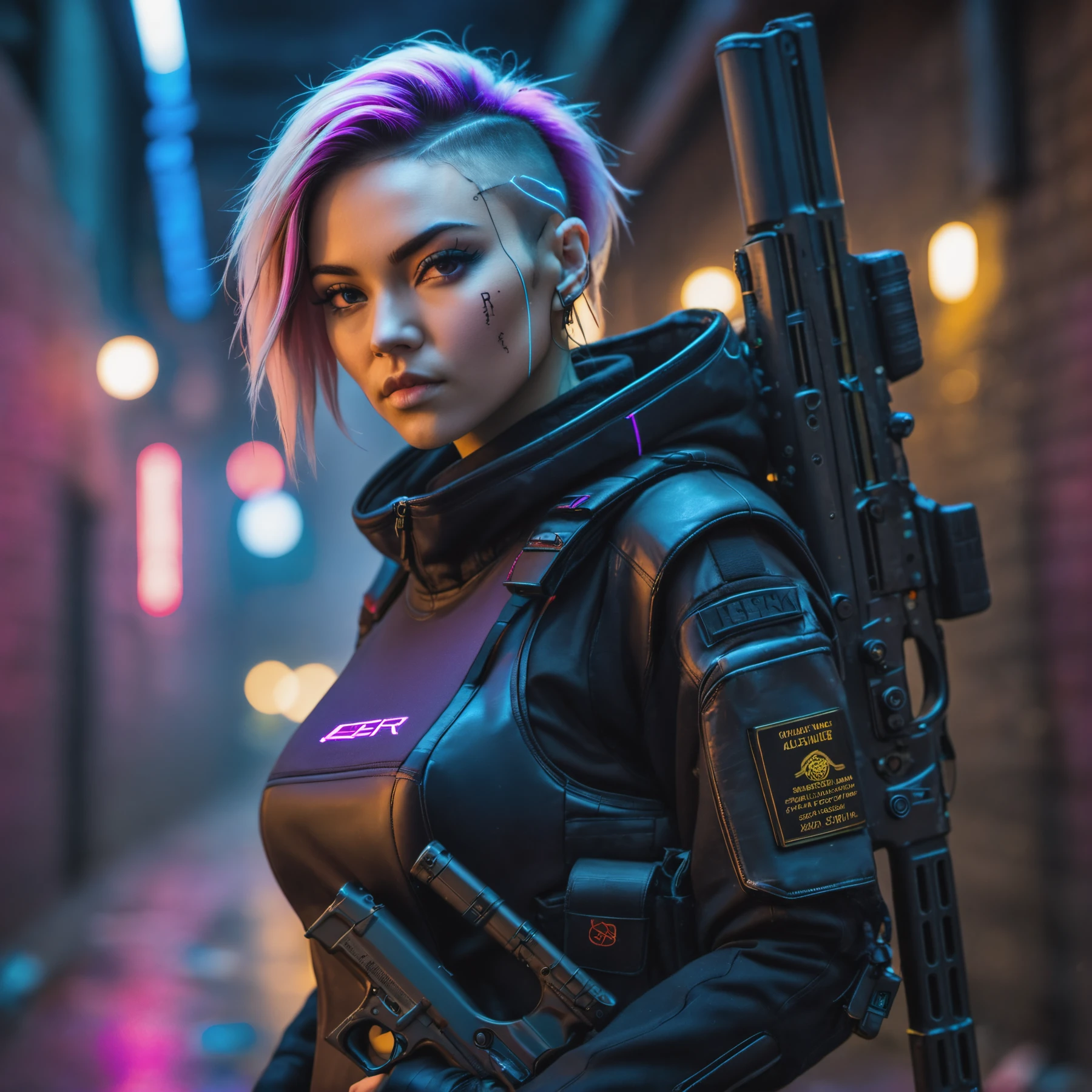 Closeup Photo Portrait a cyberpunk woman in a dark alley, holding a assault rifle, high quality photography, 3 point lighting, flash with softbox, 4k, Canon EOS R3, hdr, smooth, sharp focus, high resolution, award winning photo, 80mm, f2.8, bokeh