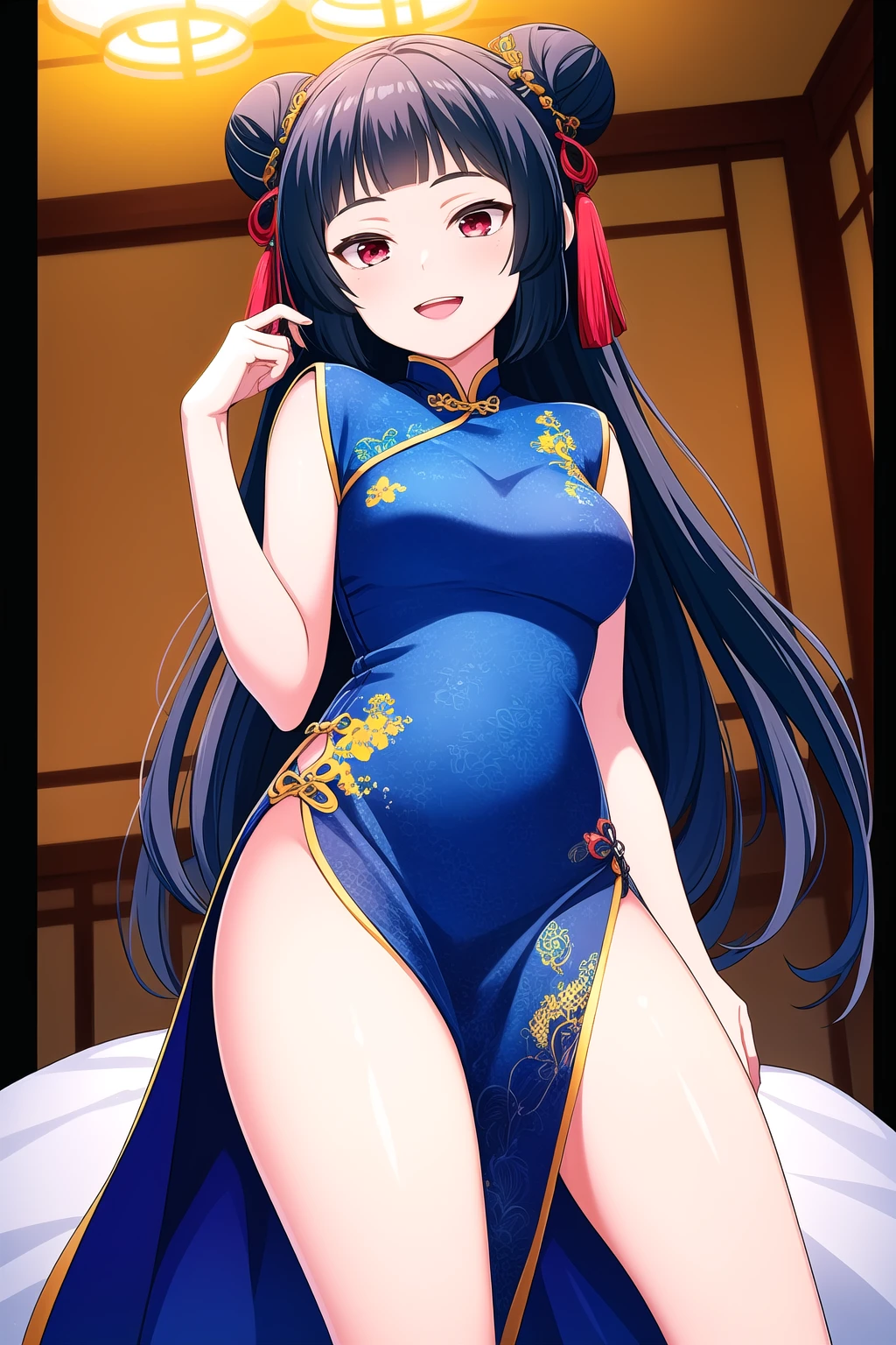 (masterpiece, best quality), highly detailed background, perfect lightingbest quality, kurokawanagiko, solo, indoors, dark blue hair, double bun, blunt bangs, very long hair, red eyes, medium breasts, black dress, china dress, chinese clothes, smile, open mouth, :d, pink lips, <lora:Kurokawa-Nagiko:0.7>