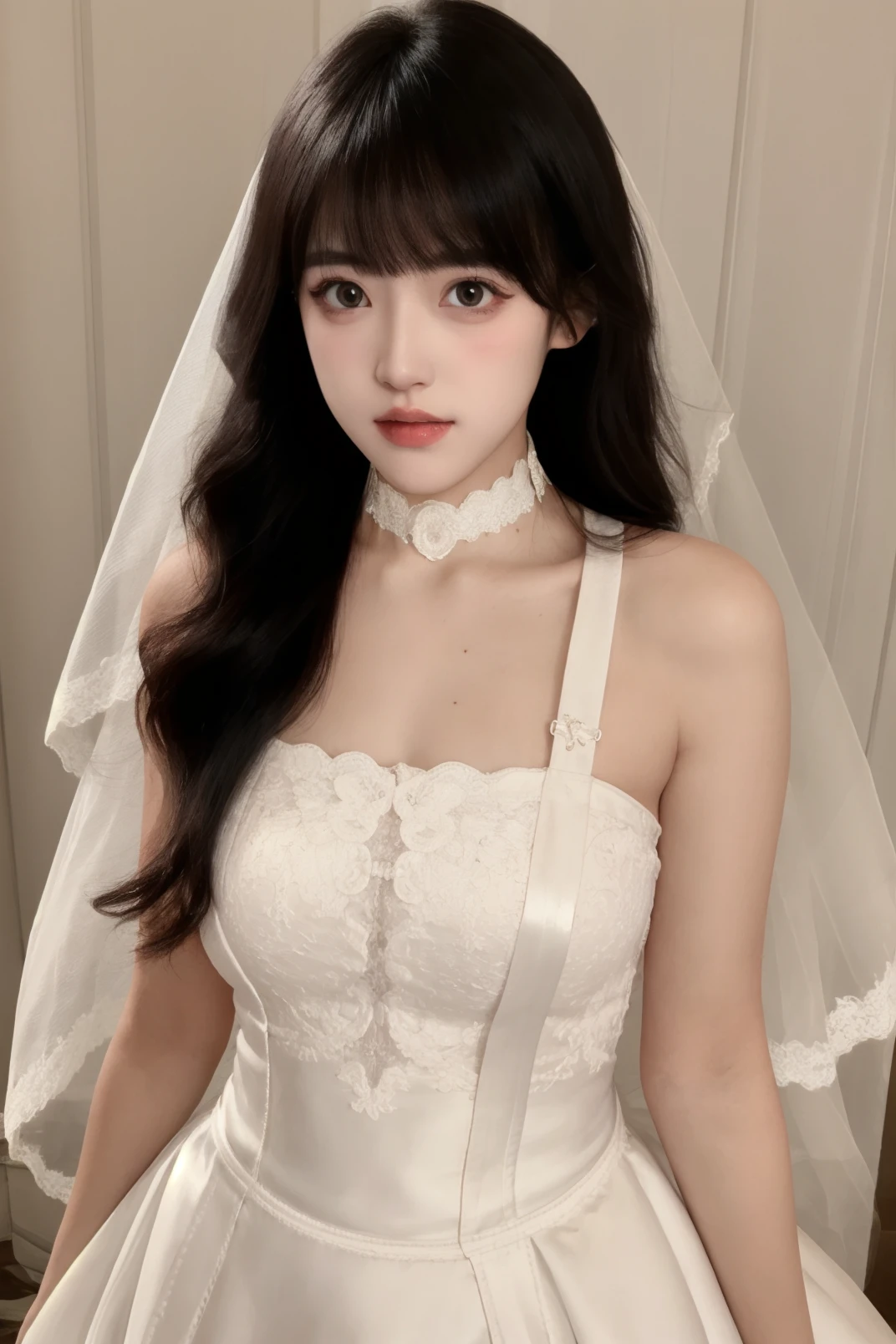 masterpiece, high quality,1girl, upper body, wedding dress, bridal veil, waist apron, pale skin, shiny skin, lace trim, choker, standing, blush,(mole:0.6)
 <lora:kjkjkj_v1:0.68>