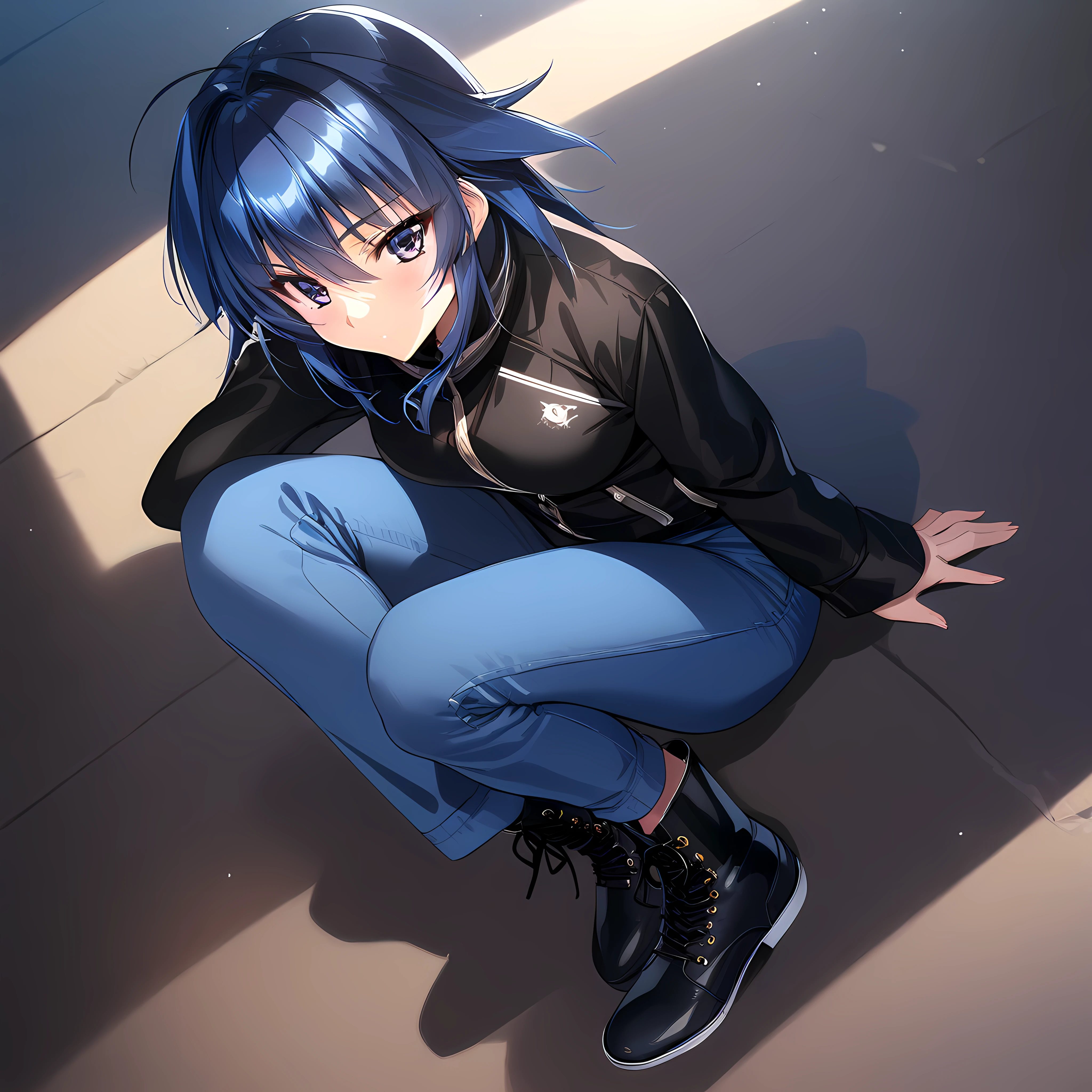 (masterpiece),(best quality),(ultra-detailed),(best illustration),(best shadow),(absurdres),(detailed background),(very aesthetic), akitsuki_karasu artstyle, ayamine kei, casualoutfit1, 1girl, solo, pants, jacket, boots, jail background, blue pants, simple background, black footwear, full body, blue hair, black jacket <lora:Ayamine_Keiå½©å³°_æ§_-_Muv_Luv_Alternativeããã©ã´ãªã«ã¿ãã¤ãã£ã_SDXL_Animagine_XL_3.1:1>