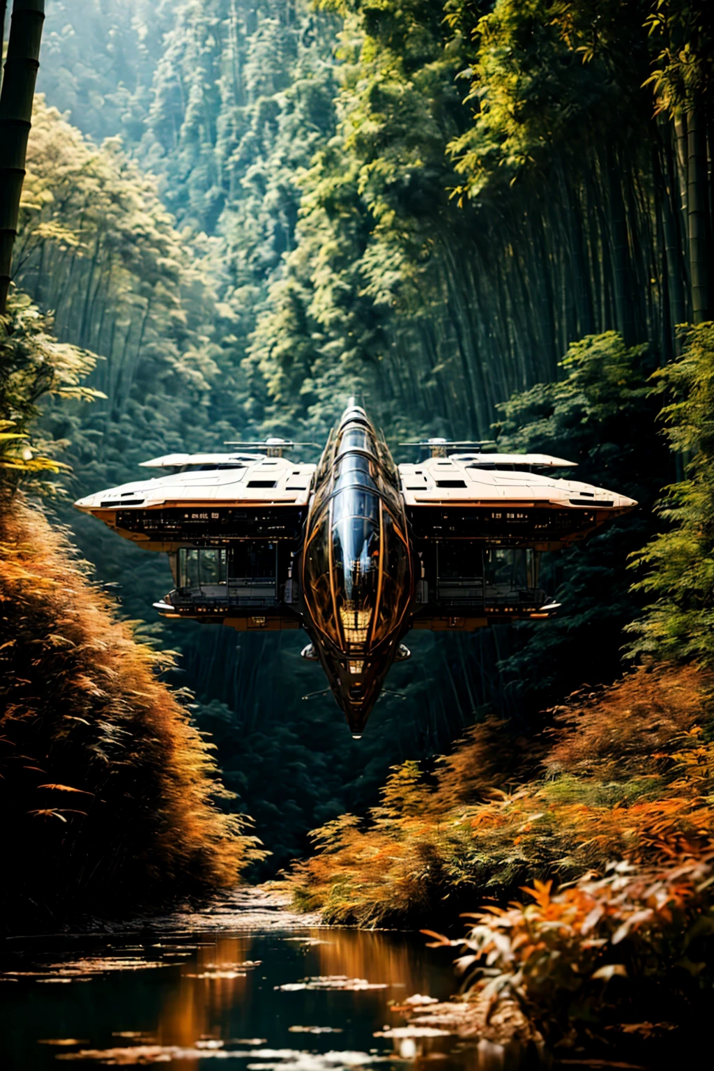 masterpiece, photorealistic highly detailed 8k raw photography, Two-shot, Advanced Tiger Orange zzspczz flying above Bamboo Forests, cinematic special effects <lora:spacecraft v4.1:1>