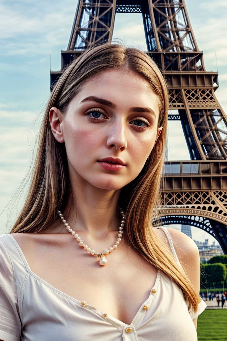 European woman, closeup, sandals, (shirt), pants, (eiffel tower), ([ZM_laurie:ZM_dina]: 1.1), perfect face, (contact iris: 1.1), pale skin, skin pores , depth of field