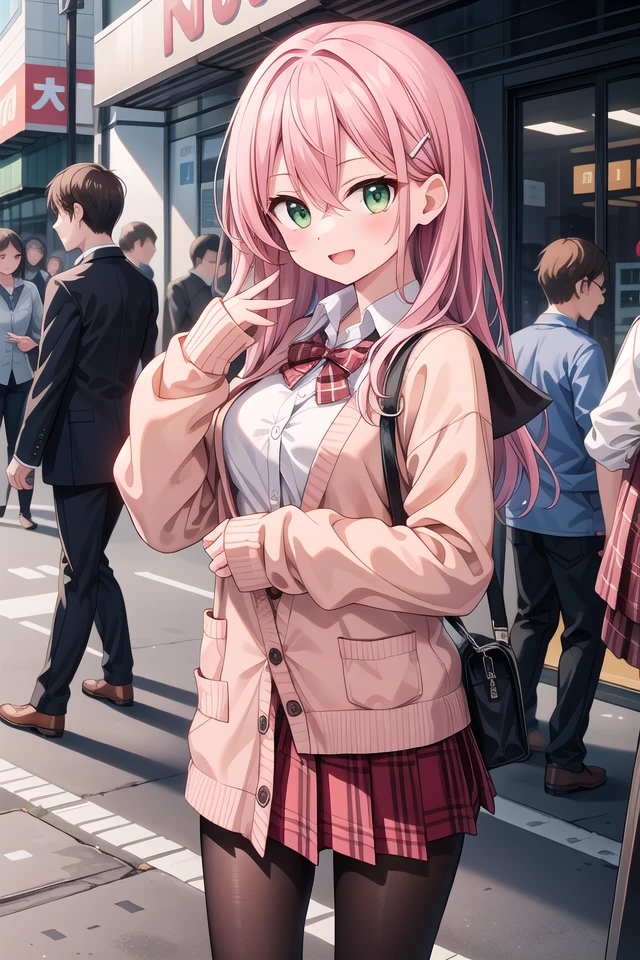 insanely detailed, absurdres, ultra-highres, ultra-detailed, best quality,
1girl, solo, nice hands, perfect hands
BREAK
(School Uniforms:1.2), (pink cardigan is fit body:1.4), ((do up a buttons, not loose):1.5), ((long sleeve, sleeves past wrists):1.2), (inner wear is white collared-shirt:1.3), (red plaid-pattern bow:1.3), (red plaid-pattern pleated skirt:1.3), ((dark-brown pantyhose, loafers):1.2)
, (nsfw:-1.5)
BREAK
happy smile, laugh, open mouth
BREAK
,
standing, cowboy shot, looking at viewer
BREAK
slender, kawaii, perfect symmetrical face, ultra cute girl, ultra cute face, ultra detailed eyes, ultra detailed hair, ultra cute, ultra beautiful
BREAK
shibuya, akihabara, tokyo, street, crowd, cityscape, depth of field, ultra detailed background
BREAK
medium breasts
BREAK
red hair, green eyes, long hair, hair between eyes