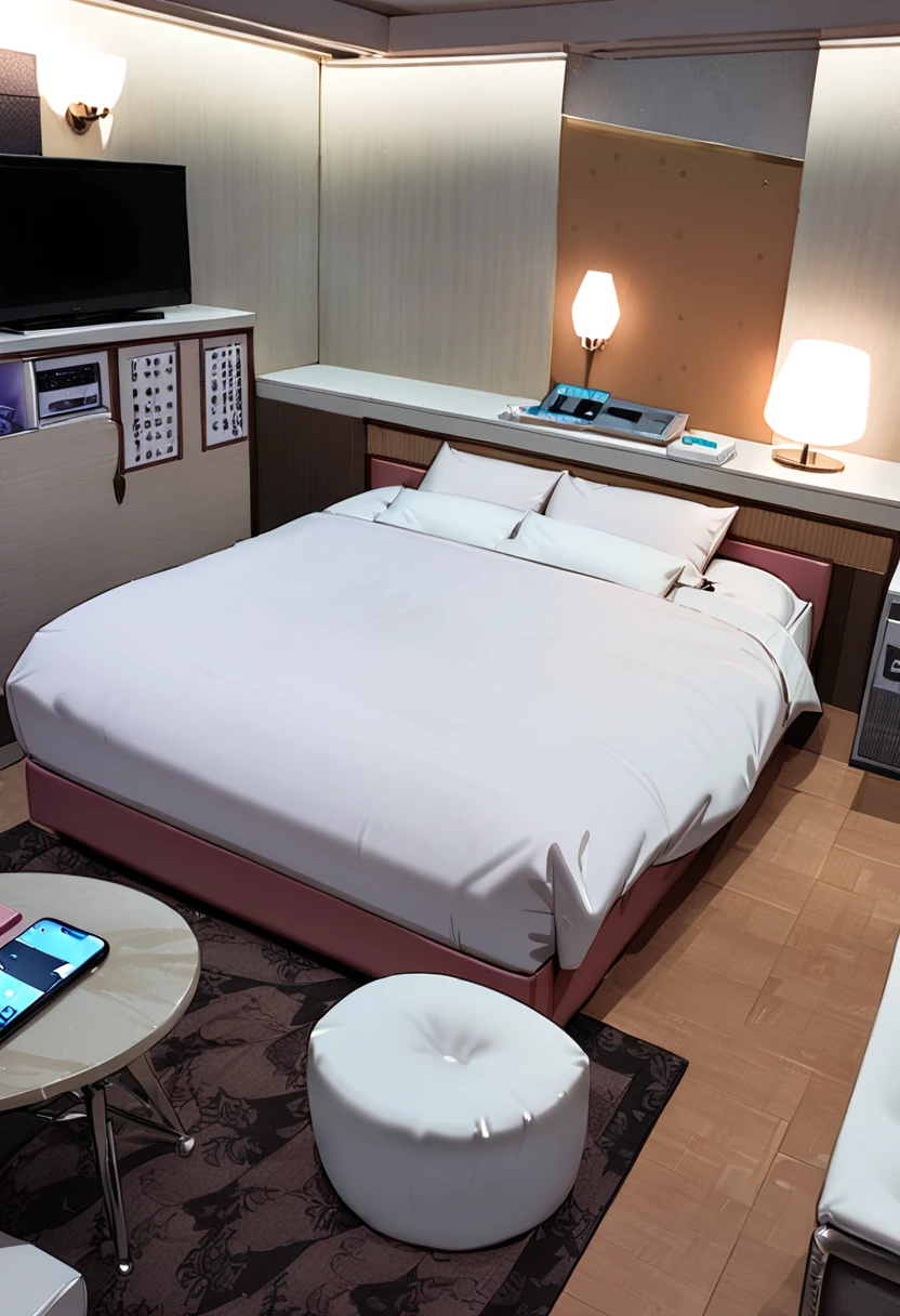 masterpiece, best quality, very aesthetic, absurdres,
lovehotel, LHbedpanel, scenery, bed, indoors, lamp, couch, table, rug, bedroom, television, pillow, phone, tissue box, box, night,
<lora:LOVEHOTEL_SDXL_V4:1>
