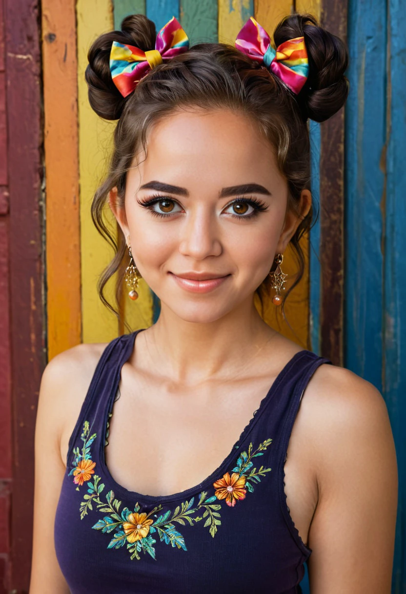 	Maya, wearing tank top, smile, eyeliner, eye shadow, makeup, bows in hair, 8k, very detailed