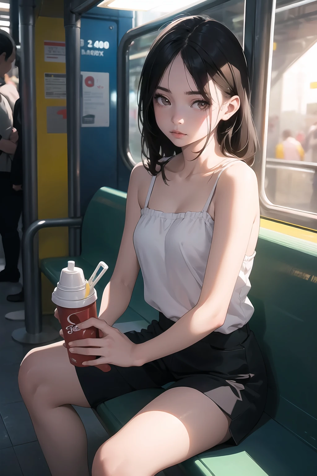 (detailed realistic background:1), (official art, beautiful and aesthetic:1), realistic lighting, cinematic lighting, hyperrealism, soft light, sharp, artistic photoshoot, (cute, petite), slender, pale cheeks, square face shape with angular jaw, natural "no-makeup" makeup, Subway in New York City, a girl sits on a bench waiting for the train