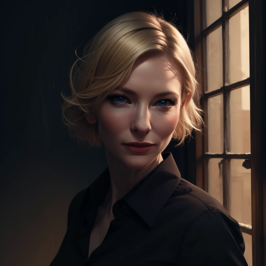 Best_QualityPos, RAW photo, intricate details, best quality, 8k uhd, soft lighting, 1girl, solo, cate blanchett, blue eyes, blonde hair, short hair, black collared shirt <lora:Cate_Blanchett:0.7> <lora:exposure_control_v10:-0.5>