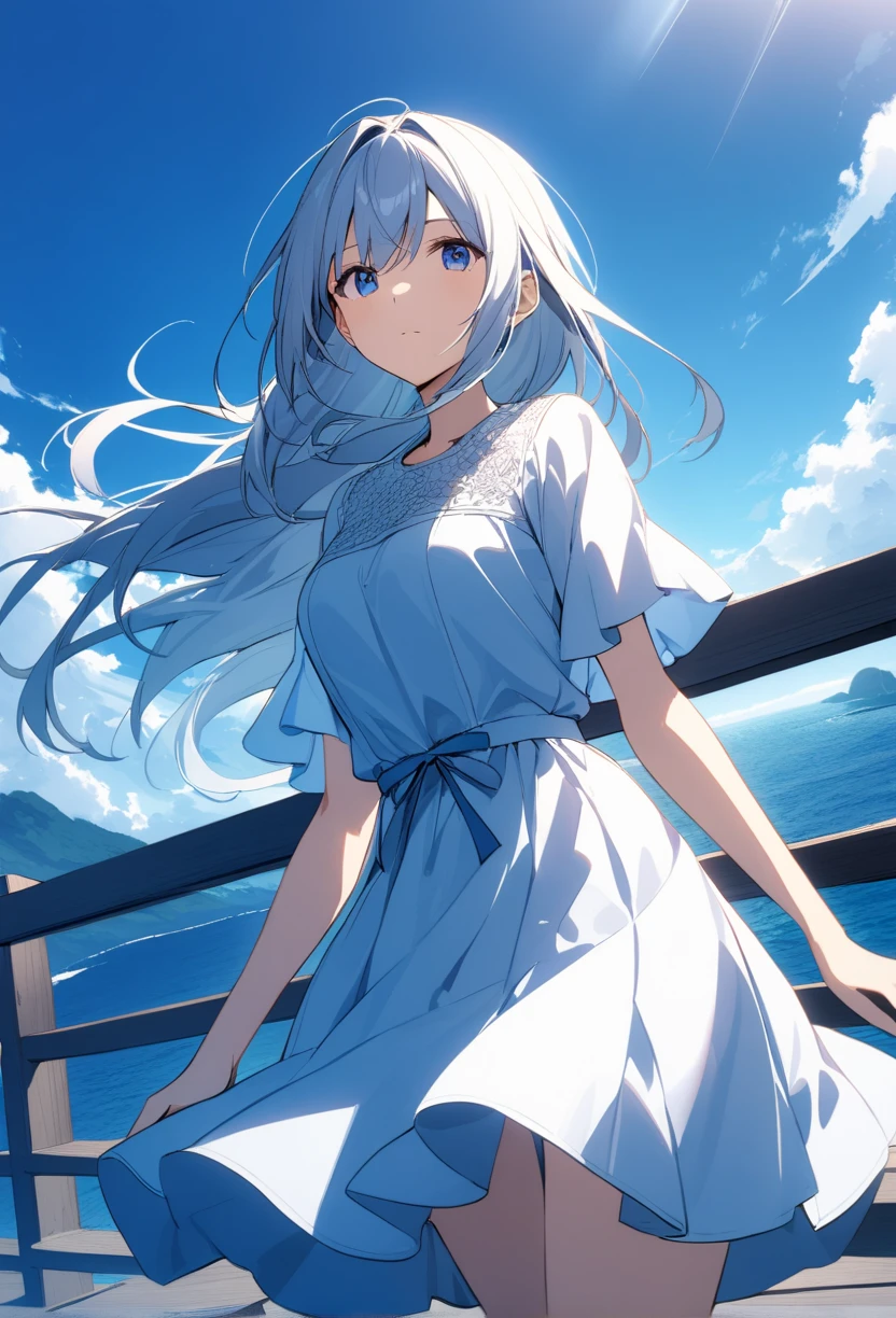 1girl, solo, white long hair, (dynamic angle, cowboy shot:1.2), dress, blue theme, outdoors, blue sky, scenery, horizon,
highly detailed, best quality, absurdres, lighting, detailed, HDR, natural light