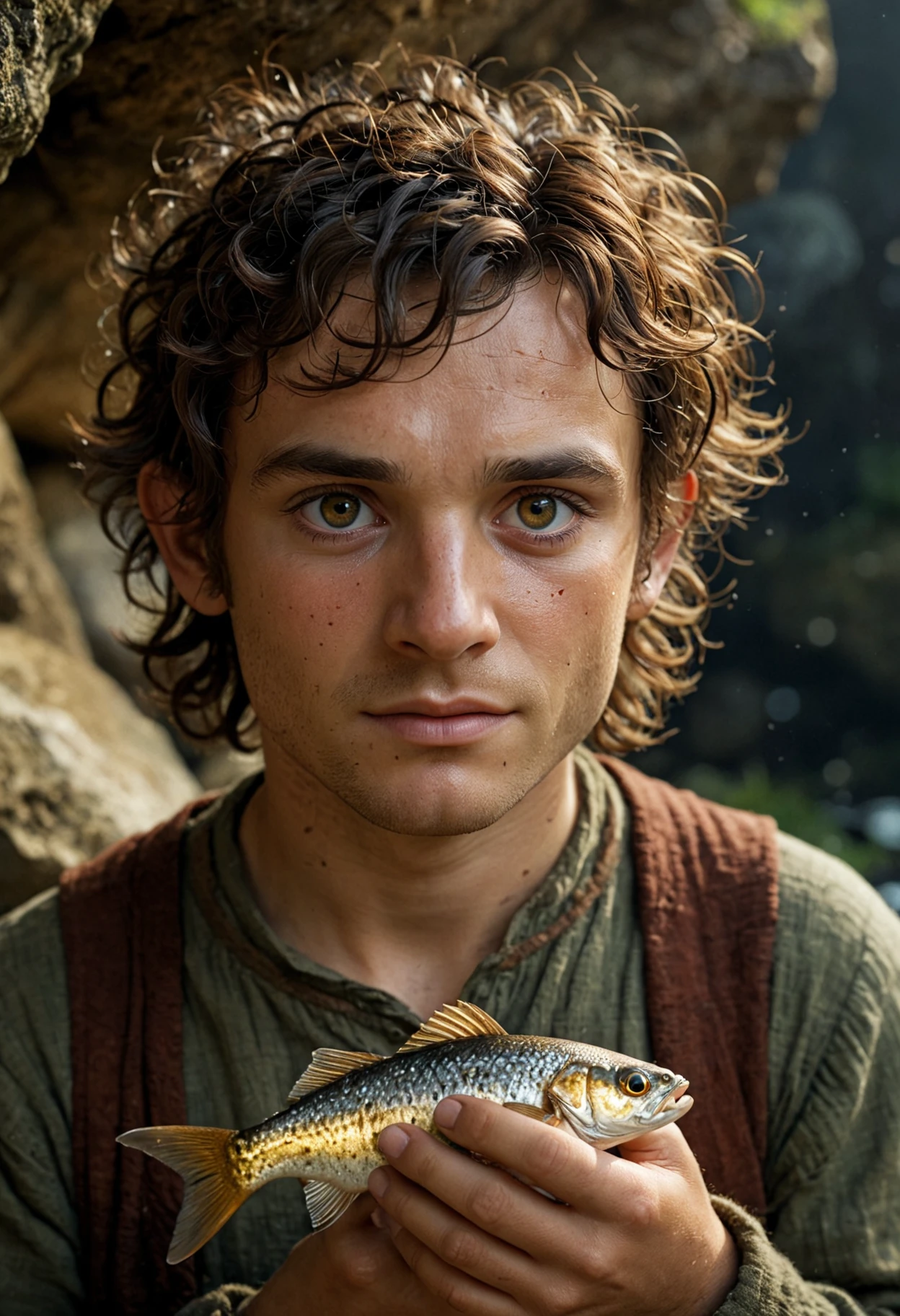 professional-photo, full-portrait : Frodo, He has thick, curly brown hair like most other hobbits but lighter than usual skin. And he is shy. Frodo lives in the Shire, an inland area settled by Hobbits in a region of Middle-earth
BREAK
smile, big-eyes, detail-skin-texture, cave-background, holds-fish, dark-atmosphere
BREAK
dynamic-lighting, (soft-shadows), (sharp-focus), (photo-realistic), extreme-details, uhd, 8k