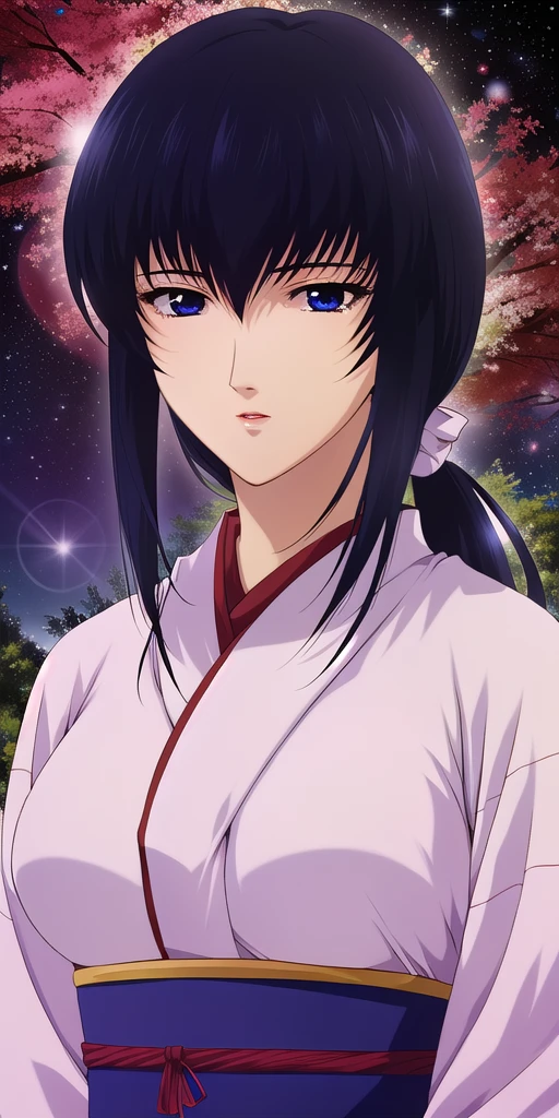 <lora:YukishiroTomoeV3:0.7> yukishiro_tomoe, huge_breasts, kimono, starry_sky, masterpiece, best_quality, detailed_face, detailed_eyes, highres, beautiful, detailed,