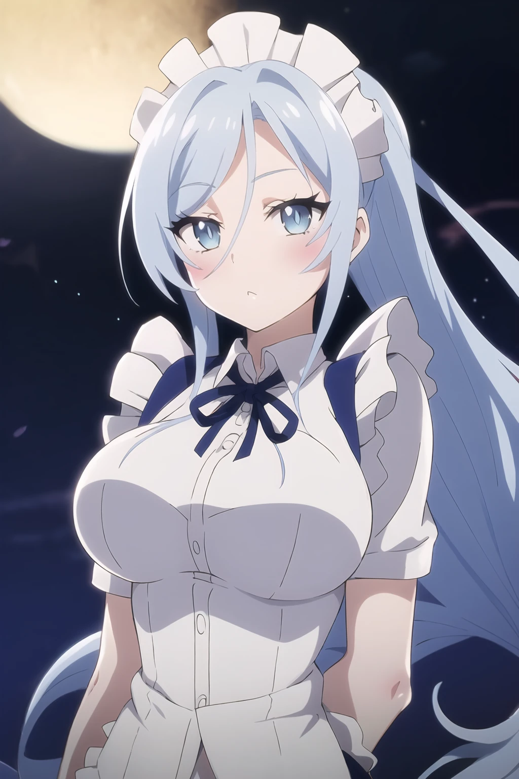 Sylpha, 1girl, solo, long hair, breasts, looking at viewer, blue eyes, large breasts, ribbon, sky, maid headdress, night, eyes visible through hair, <lora:Sylpha - Dainanaoji T1:0.8>