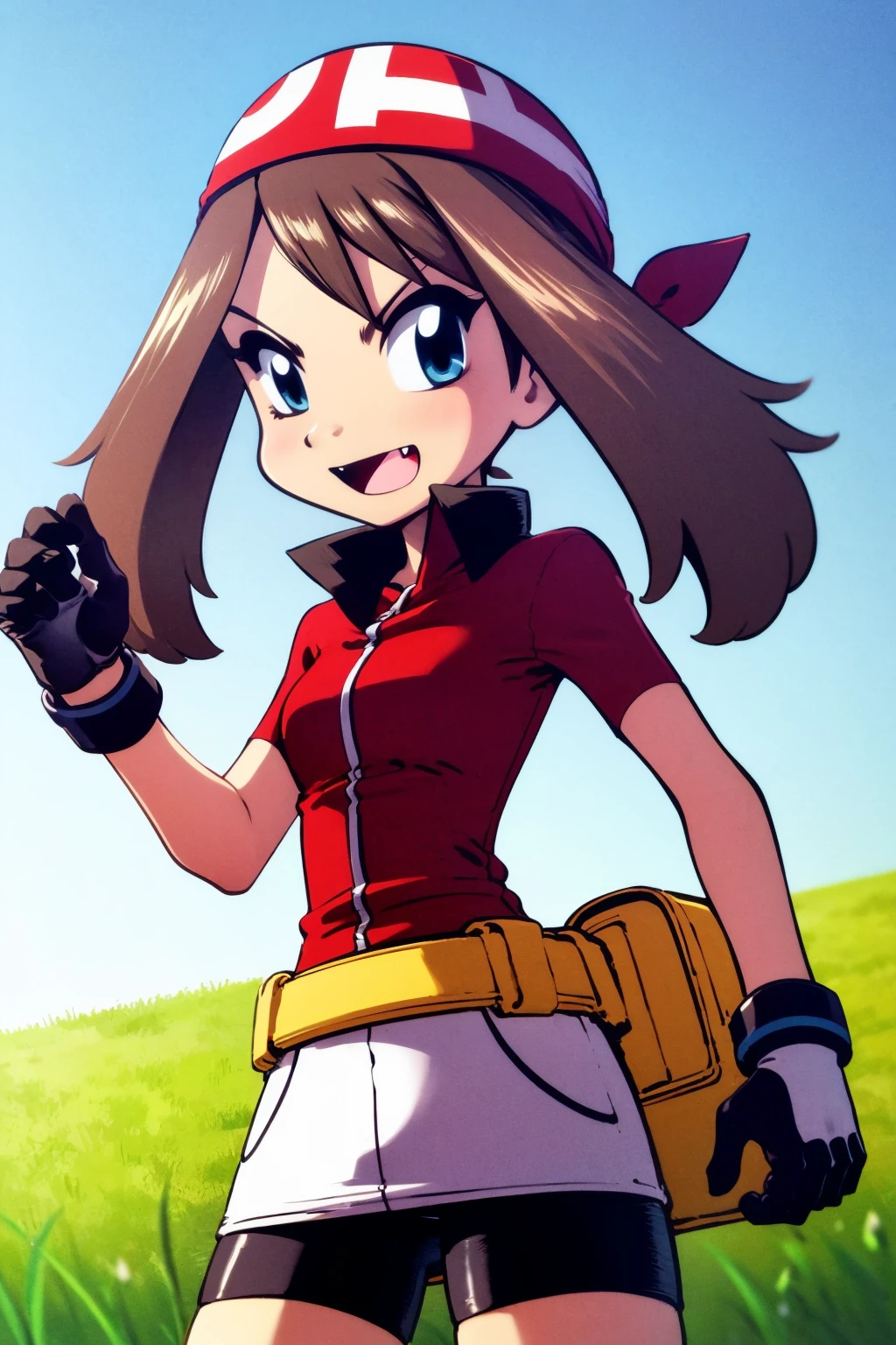 masterpiece, best quality,
1girl, may \(pokemon\), brown hair, blue eyes, fang,
bandana, red collared shirt, bike shorts, fanny pack, miniskirt, gloves,
upper body, smile, solo, looking at viewer, blue sky, grass, meadow background  <lora:Sapphire:0.8> <lora:PokemonAdventuresStyleV2:0.8>