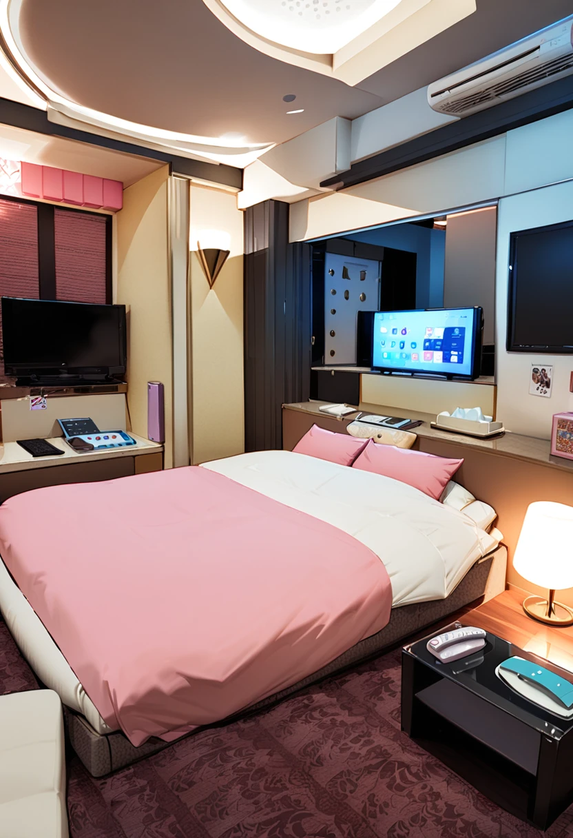 masterpiece, best quality, very aesthetic, absurdres,
lovehotel, LHbedpanel, scenery, bed, indoors, lamp, couch, table, rug, bedroom, television, pillow, phone, tissue box, box, night,
<lora:LOVEHOTEL_SDXL_V4:1>