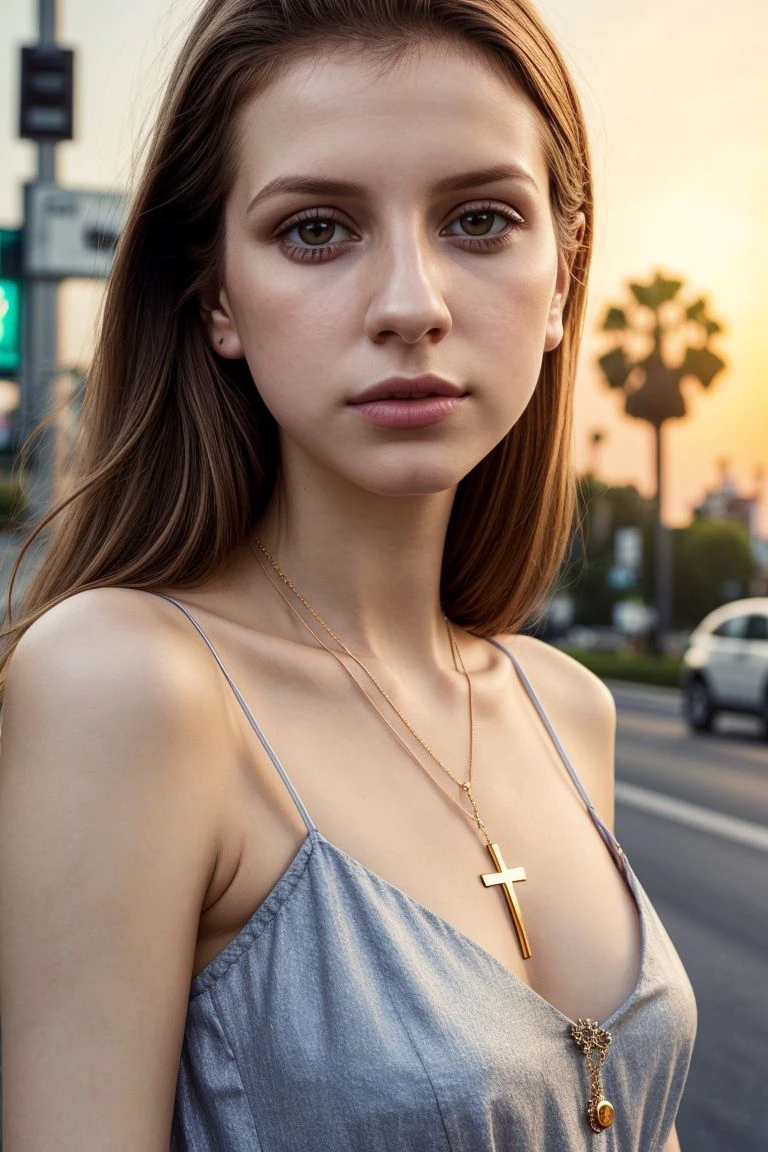 European woman, closeup, (shirt), pants, (sunset blvd), cross necklace , ZM_berta, wide shoulders, perfect face, (contact iris: 1.1), pale skin, skin pores , depth of field