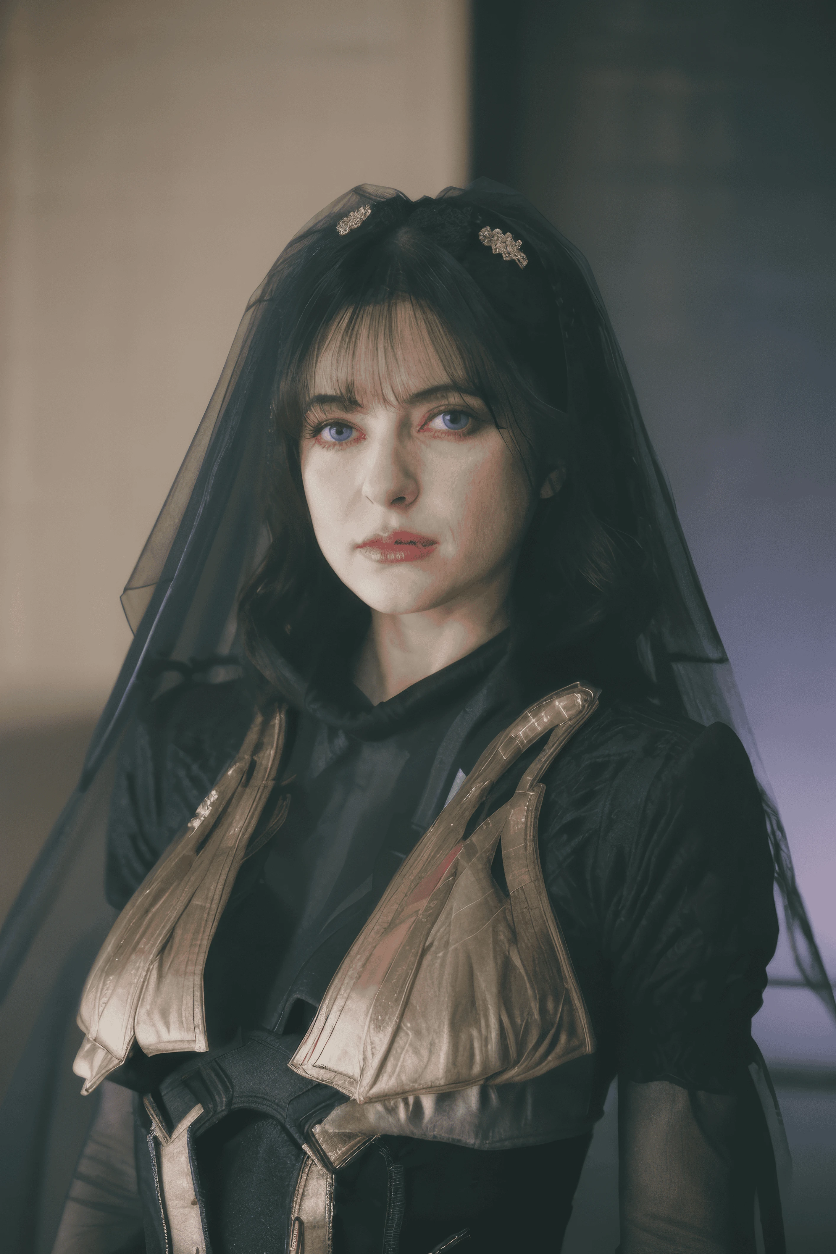 1girl, black veil, solo, black hair, bangs, long hair, portrait, closed mouth, realistic, blue eyes, lips, looking at viewer, blurry, dress, upper body, dark veil, <lora:lachesishd.safetensors:1.0>, lachesis, <lora:Perfect Hands v2.safetensors:1.0>, lachesis face, dark veil, little smile