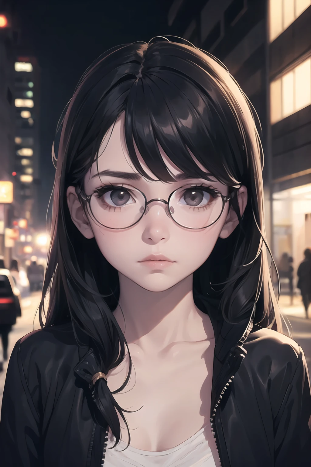 (detailed realistic background:1), (official art, beautiful and aesthetic:1), realistic lighting, cinematic lighting, hyperrealism, Poor lighting, sharp, artistic photoshoot, (cute, petite), slender, pale cheeks, square face shape with angular jaw, natural "no-makeup" makeup, (A girl in the night at the city, looking terrified), night, [dark], (round glasses), jacket