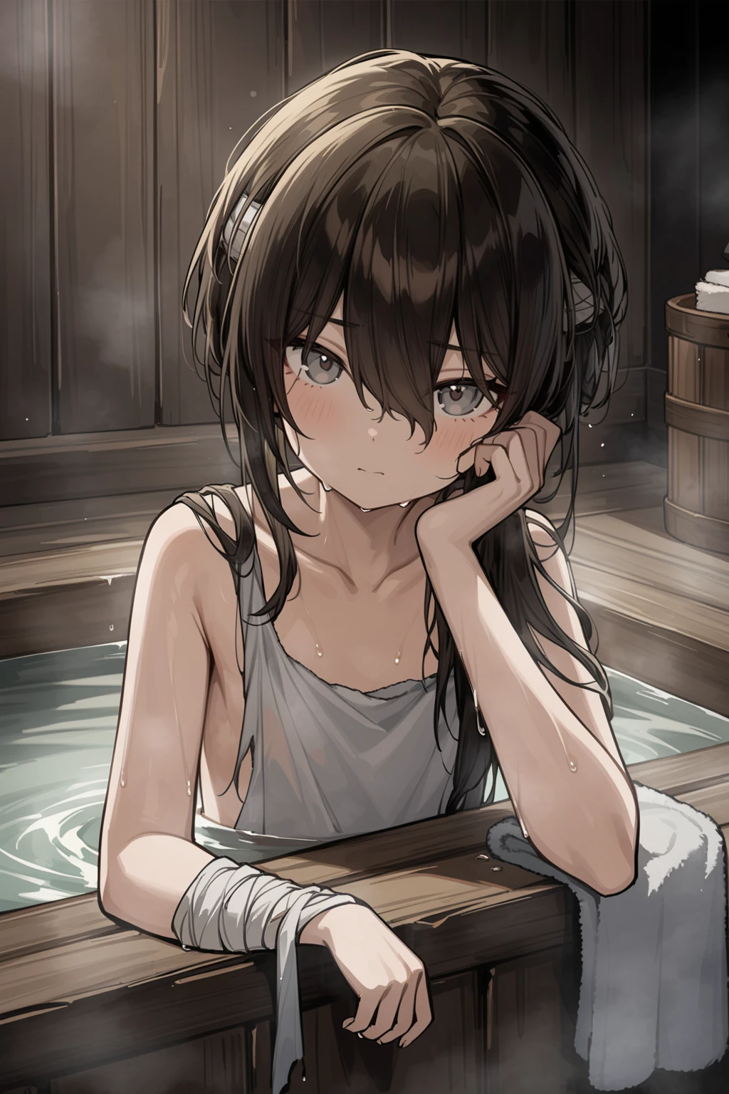 masterpiece,best quality,very aesthetic,absurdres,
<lora:mansui_xl:0.65>,mansui,1girl,solo,towel,bathing,water,bath,wet,wet hair,grey eyes,hair between eyes,bangs,nude,collarbone,closed mouth,black hair,towel on head,partially submerged,bandaged arm,looking at viewer,flat chest,hand_on_shoulder,