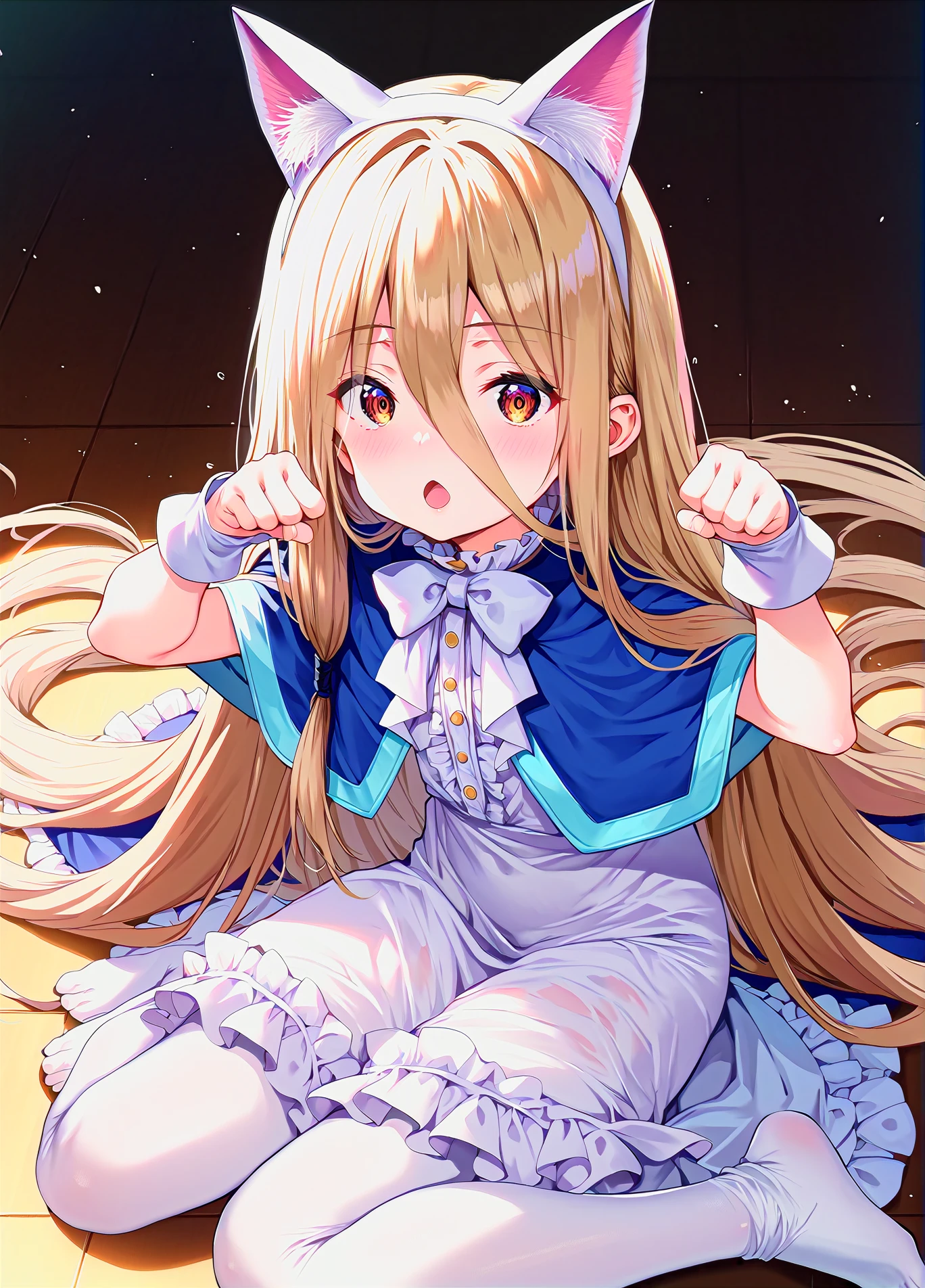 score_9, score_8_up, score_7_up, score_6_up, a girl sitting on the floor, paw pose, fake cat ears, open mouth,
<lora:ponsuke_style_pony6_v1-000022:1> <lora:sense_sousou no frieren_PONY_last:0.6> sense \(sousou no frieren\),brown eyes,very long hair,absurdly long hair,hair between eyes,eyes visible through hair, blue capelet,frilled dress,white long dress