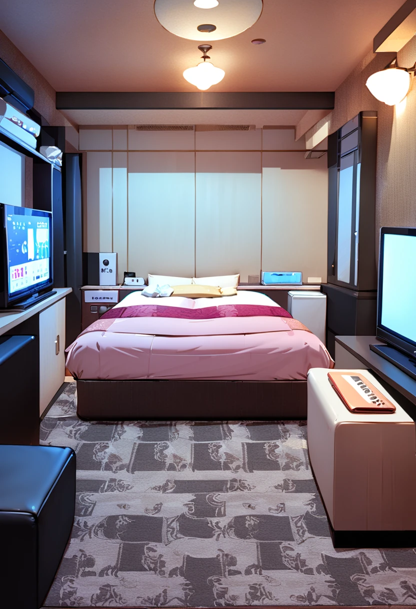 masterpiece, best quality, very aesthetic, absurdres,
lovehotel, LHbedpanel, scenery, bed, indoors, lamp, couch, table, rug, bedroom, television, pillow, phone, tissue box, box, night,
<lora:LOVEHOTEL_SDXL_V4:1>