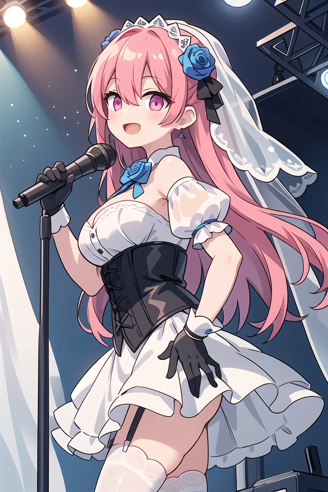 insanely detailed, absurdres, ultra-highres, ultra-detailed, best quality,
1girl, solo, nice hands, perfect hands
BREAK
(nsfw:-1.5),
(fusion of white mourning-dress and white wedding dress:1.2), (gothic dress:1.3), (light-blue and white theme:1.3), ((white mourning-veil, white see-through wedding-veil):1.5), ((white latex corset, light-blue breast-cup):1.4), (short puff-sleeve:1.3), ((white collar, tie-bow):1.3), ((ruffle-skirt, multilayer-skirt):1.4), ((stockings, garter belt):1.3), (see-through long gloves:1.3), (blue rose decoration on head:1.3), (high heels:1.1)
BREAK
happy smile, laugh, open mouth, (standing, singing, dancing, holding microphone:1.4)
BREAK
from side,
cute pose, cowboy shot
BREAK
slender, kawaii, perfect symmetrical face, ultra cute girl, ultra cute face, ultra detailed eyes, ultra detailed hair, ultra cute, ultra beautiful
BREAK
indoors, concert hall, idol live, crowded audience
BREAK
medium large breasts
BREAK
pink hair, pink eyes, chignon, hair between eyes