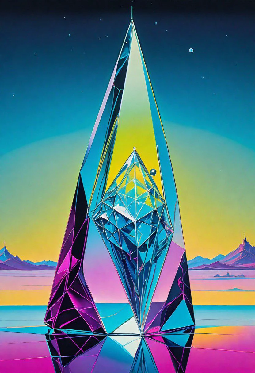 a detailed painting of a neon-transparent ancient crystal by Salvador Dal. smooth, solid, clean brushstrokes, high quality, cosmic eclipse. flowing, beautiful, surreal, unbelievable, prolific, fine detail, uhd 8k