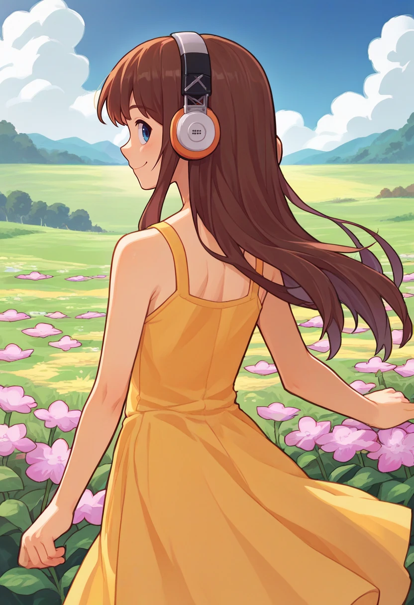 score_9, score_8_up, score_7_up, source_anime, from behind, solo, 1girl, longislandslack, smile, looking back, brown hair, headphones, yellow sundress, outdoors, flower field <lora:azurlane_longisland_ponyXL:1>
