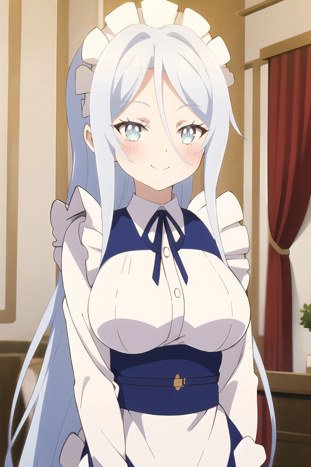 Sylpha, 1girl, solo, long hair, breasts, blush, blue eyes, large breasts, shirt, white shirt, upper body, maid headdress, smile, hair between eyes, <lora:Sylpha - Dainanaoji T3:0.8>