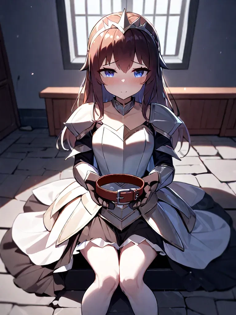 1girl, (collar on her palms), ( collar), (holding collar),
in prison, princess dress armor,
sitting on stone floor, (glare), broken Holy sword,
looking at viewer,
sitting on sofa, in room
<lora:collar4u-v2:1>, masterpiece, best quality, very aesthetic, absurdres, latest