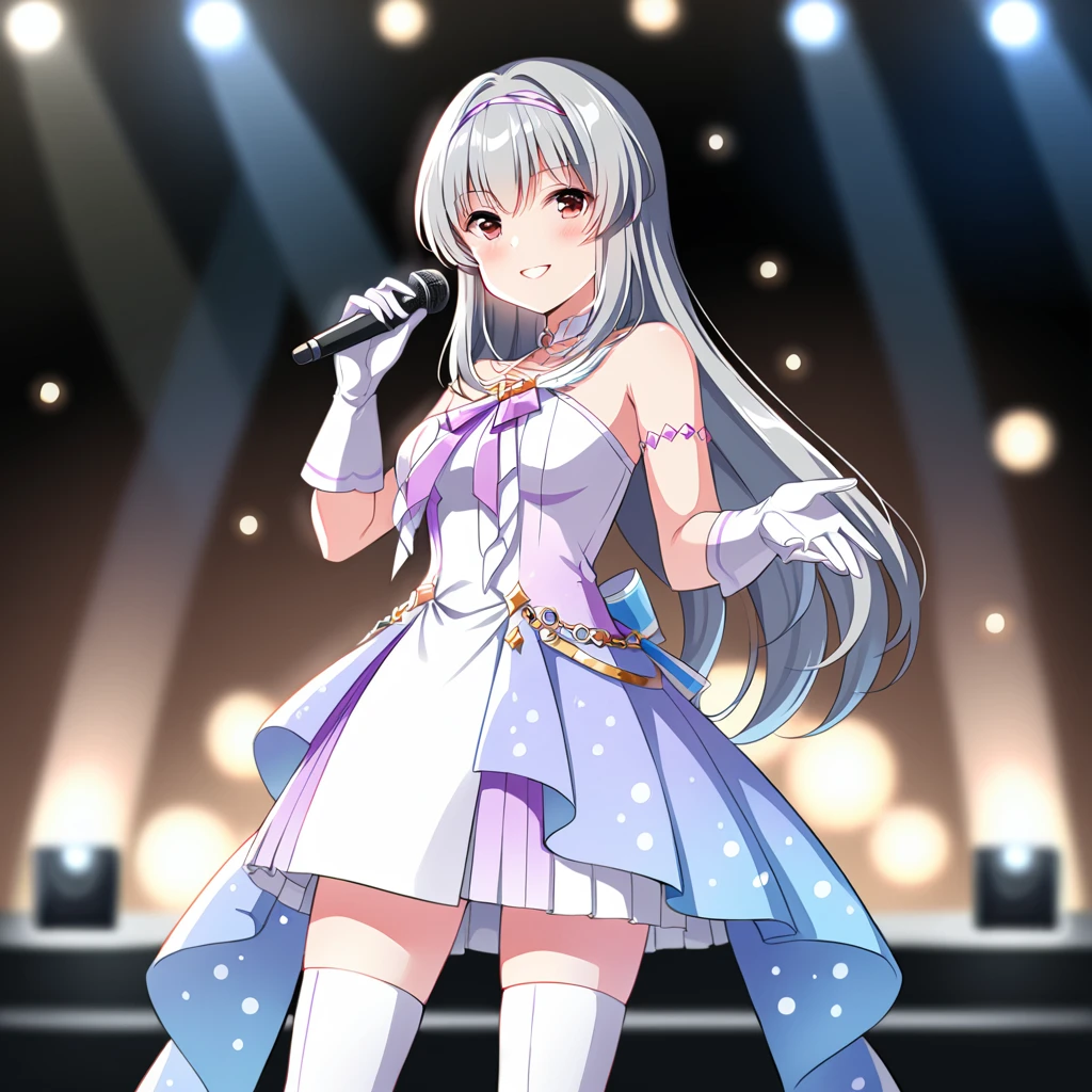 [high quality, best quality], [cinematic],1girl,solo,tendorui,TRui idolcostume,ooking at viewer,high heel boots,white gloves,on stage ,depth of field, bokeh, bloom, hdr, singing,smile, blush,cinematic_angle<lora:TRUI2:0.7>