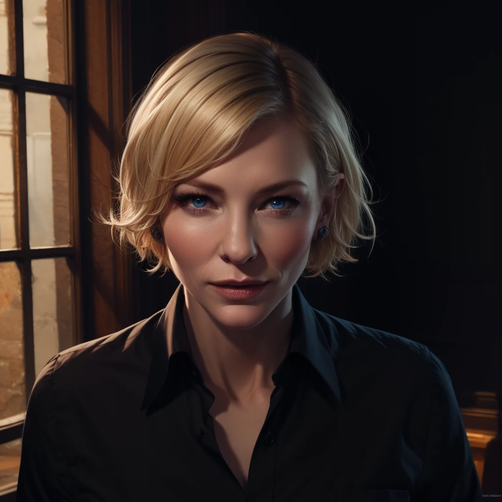 Best_QualityPos, RAW photo, intricate details, best quality, 8k uhd, soft lighting, 1girl, solo, cate blanchett, blue eyes, blonde hair, short hair, black collared shirt <lora:Cate_Blanchett:0.7> <lora:exposure_control_v10:-0.5>