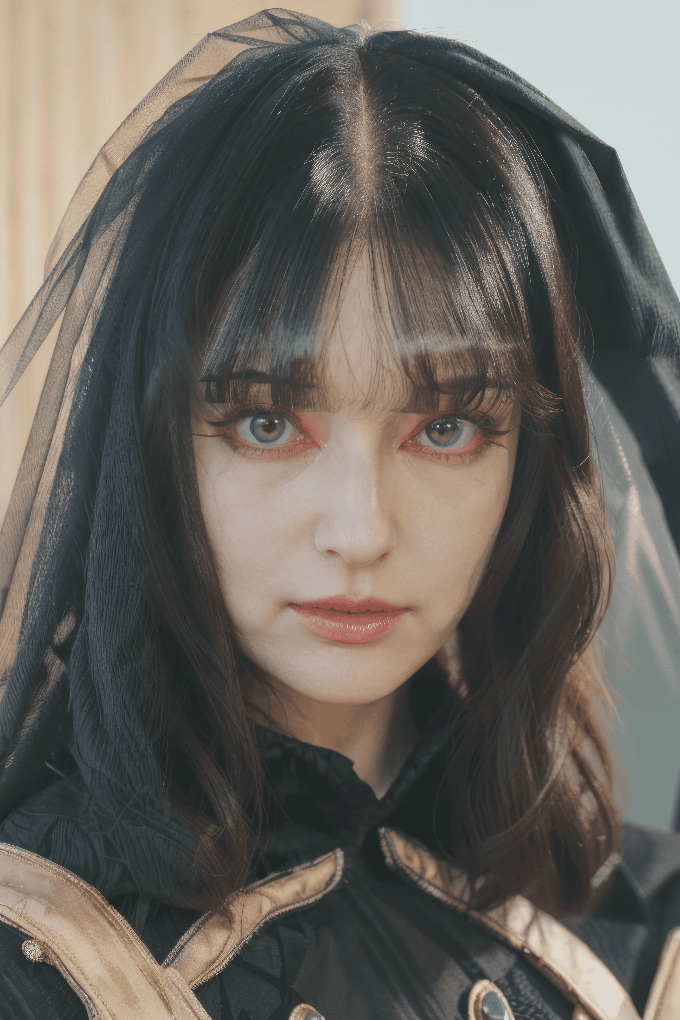 1girl, black veil, solo, black hair, bangs, long hair, portrait, closed mouth, realistic, blue eyes, lips, looking at viewer, blurry, dress, upper body, dark veil, <lora:lachesishd.safetensors:1.0>, lachesis, <lora:Perfect Hands v2.safetensors:1.0>, lachesis face, dark veil, little smile