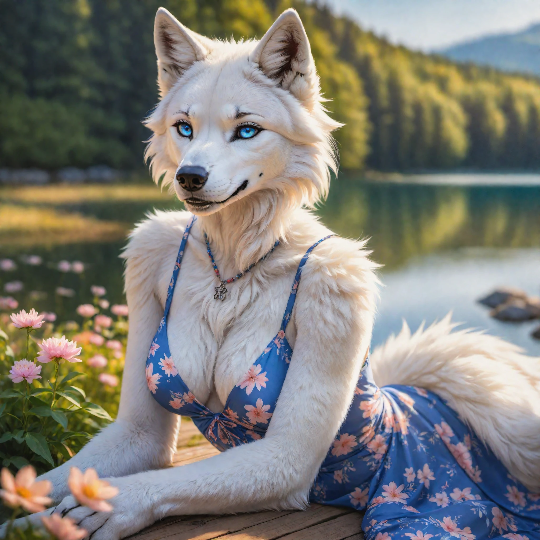 artwork (Highest Quality, 4k, masterpiece, Amazing Details:1.1), (( anthro furry white wolf female)),laying near a lake,medium breast. deep blue eyes, wearing summer dress, (full body:1.3) Shallow Depth of Field, E671, lens 50mm f/2.0, thin eyebrows, wavy short hair with flower hair ornament, (realistic white fur, detailed fur texture:1.2), ((photorealistic) (RAW Photo)), fangs, smile, sitting, paws, key visual, vibrant, studio anime, highly detailed,, high quality photography, 3 point lighting, flash with softbox, 4k, Canon EOS R3, hdr, smooth, sharp focus, high resolution, award winning photo, 80mm, f2.8, bokeh