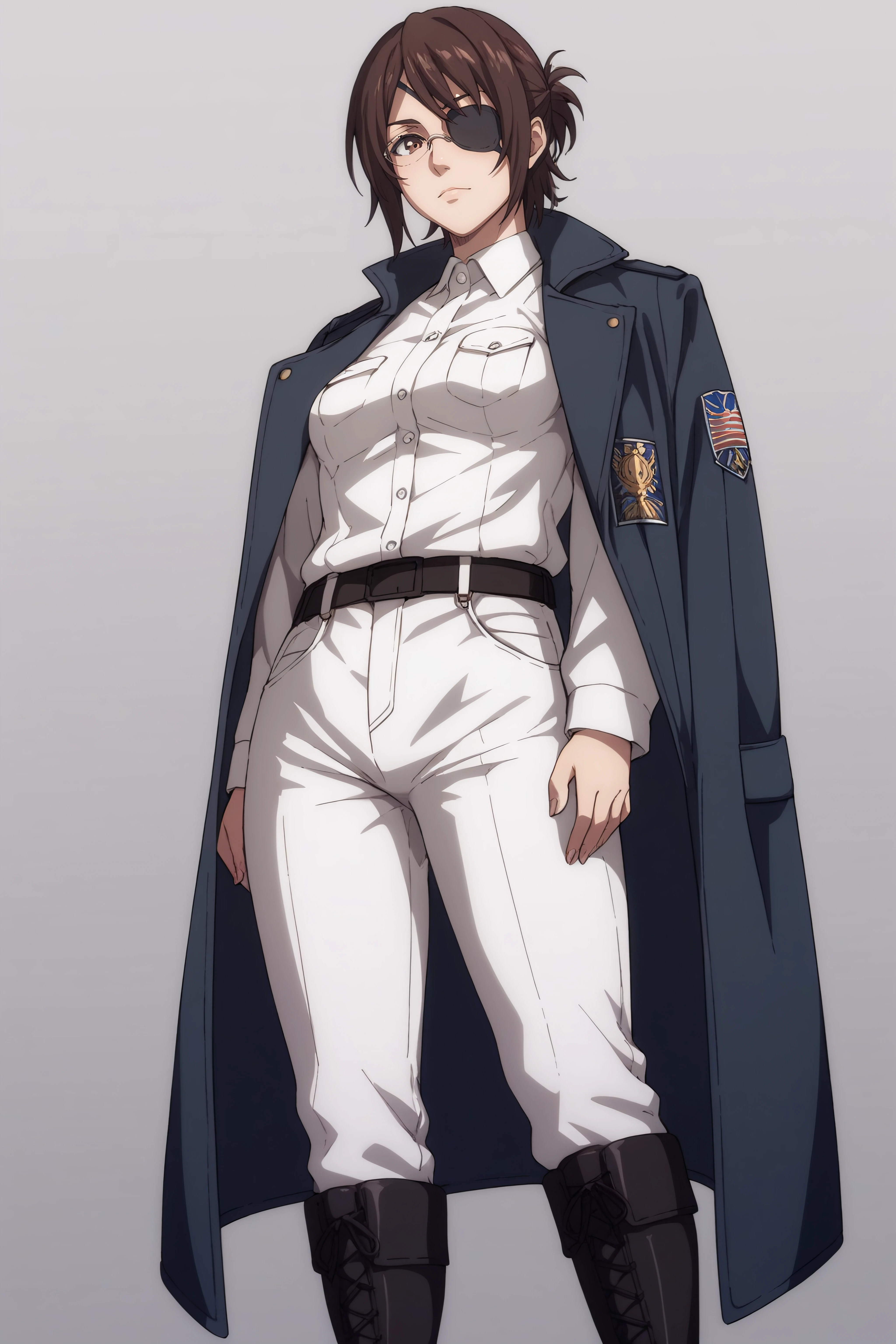 score_9, score_8_up, score_7_up, BREAK source_anime, <lora:hange zoë-PonyXL-lora-Faxtron:0.8> hange, glasses, brown eyes, dark brown hair, medium breasts, eye patch, military overcoat, survey corps \(emblem\), white shirt, white pants, knee boots, standing,