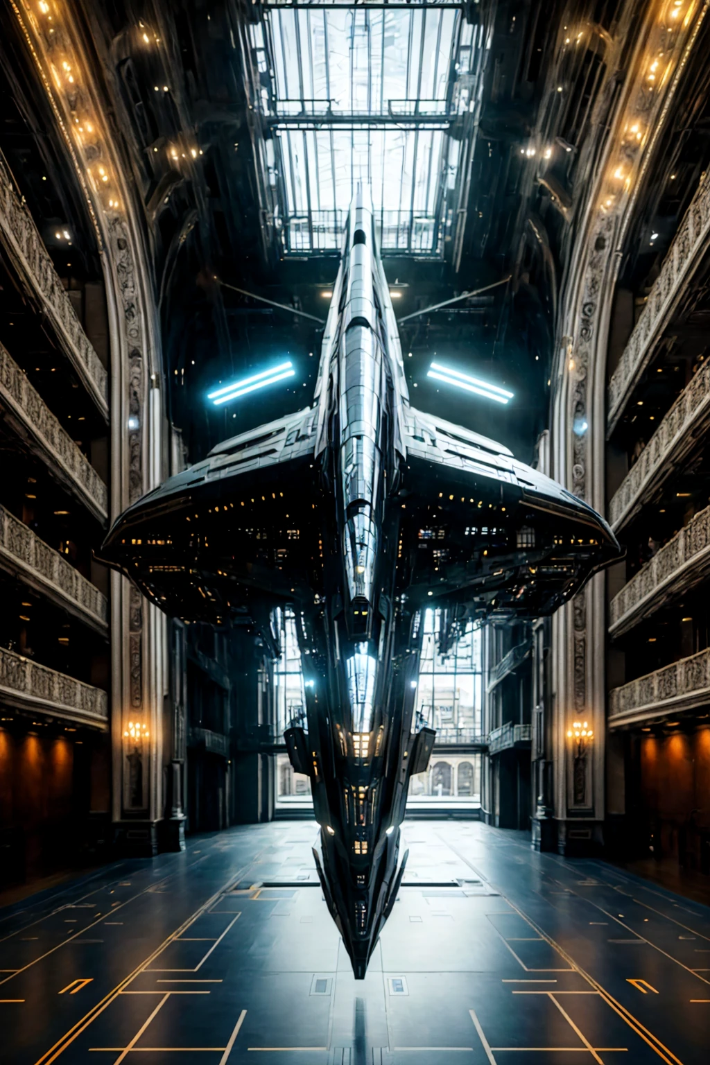 masterpiece, photorealistic highly detailed 8k raw photography, Extreme close-up, Advanced Cortana Blue zzspczz flying above Historic Opera Houses Interiors, cinematic special effects <lora:spacecraft v4.1:1>