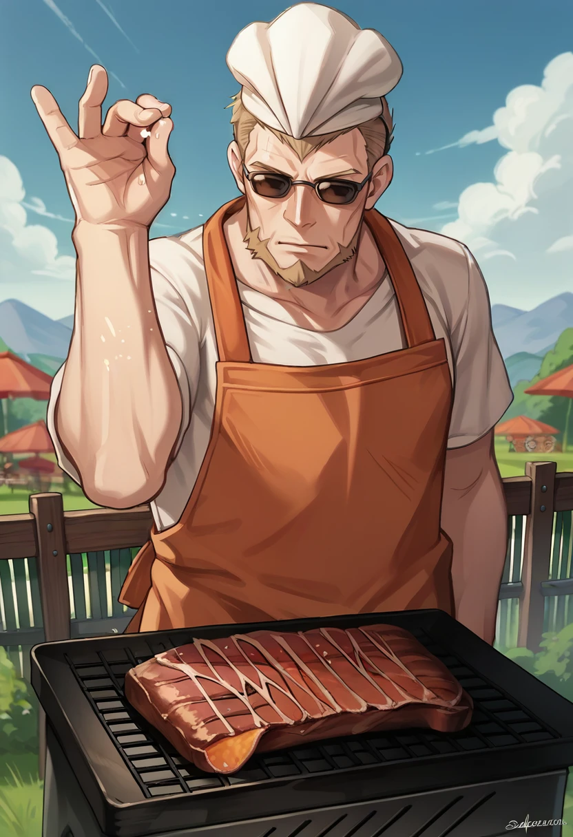 score_9, score_8_up, score_7_up, source_anime, 1boy, solo, sunglasses, <lora:JeraltFE-pdxl:1> jeraltFE, short hair, undercut, beard, shirt, apron, chef hat, <lora:SaltBaeMeme_XLPD_CAME:1> SaltBaeMeme, steak, grill, fence, outdoors, sky