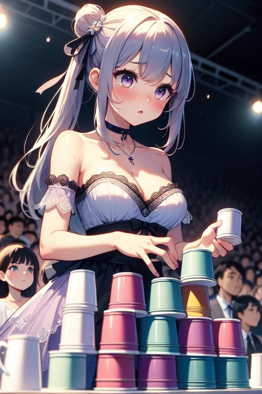 (((masterpiece))), (((best quality))), (((cup stacking))), hands up, holding, table, bare shoulder, strapless, necklace, light purple lace dress, floating hair, hair ornament, ribbon, choker, sweat, parted lips, venue, night, countless crowd, cinematic light, solo, 1girl, black updo, ribbon, cleavage, big tits, sweat, shy, blush, slim figure, <lora:girllikecupstacking:0.8>