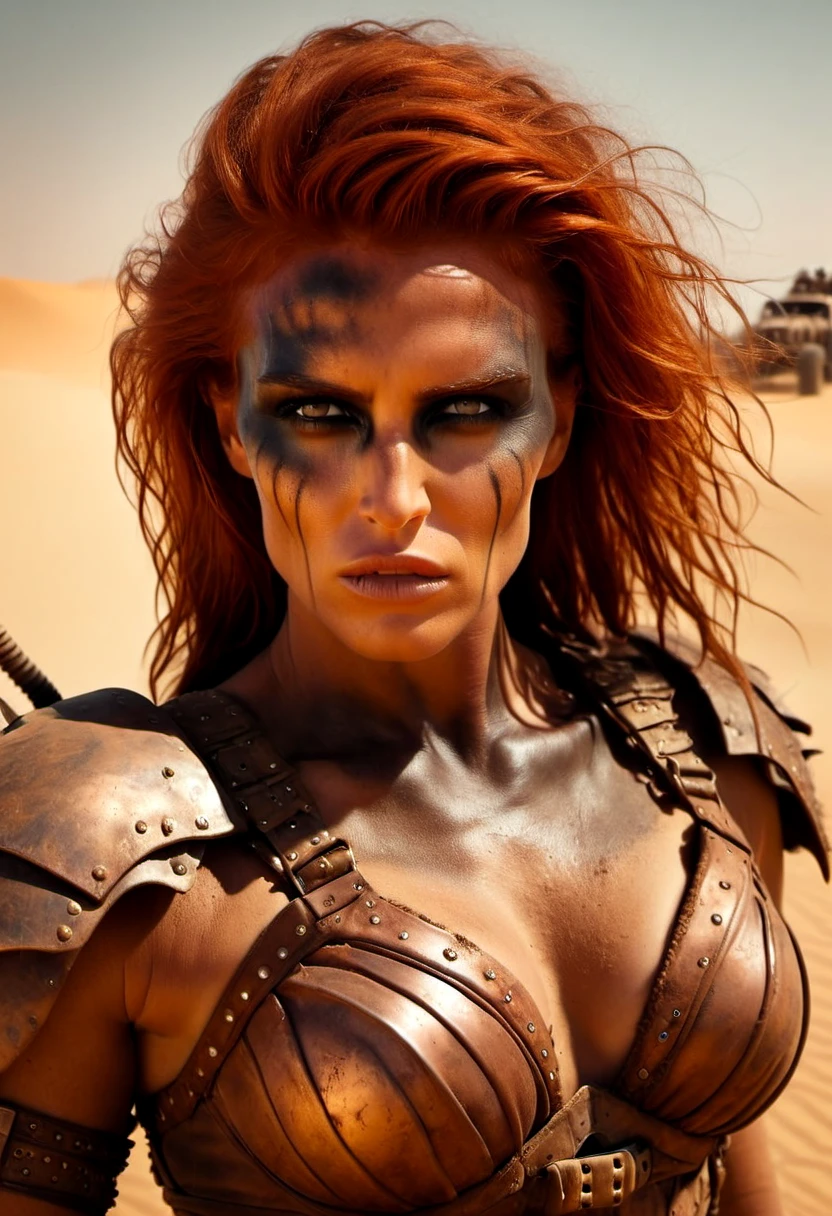 cinematic film still RoadWarrior, beautiful gorgeous red haired woman, desert background, high temperatures, warm skin, sweat, grease, dirt, shirtless, post apocalyptic armor, shallow depth of field, vignette, highly detailed, high budget Hollywood film, cinemascope, moody, epic, gorgeous, 