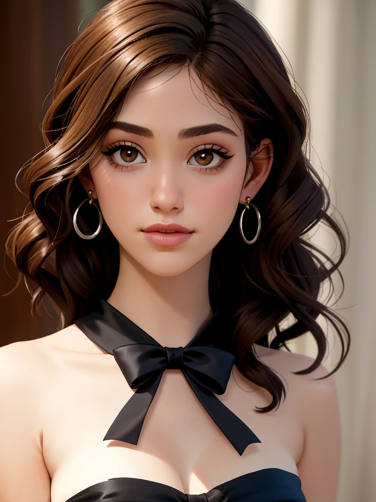 Realistic photo of a beautiful 3mmyr woman,1girl, solo, long hair, brown hair, dress, bare shoulders, brown eyes, jewelry, collarbone, upper body, earrings, parted lips, black dress, lips, eyelashes, strapless, strapless dress, realistic, soft lighting, professional Photography, Photorealistic, detailed, RAW, analog, sharp focus, 8k, HD, DSLR, high quality, Fujifilm XT3, film grain, award winning, masterpiece<lora:3mmyr:1.0>