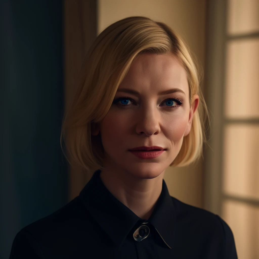 Best_QualityPos, RAW photo, intricate details, best quality, 8k uhd, soft lighting, 1girl, solo, cate blanchett, blue eyes, blonde hair, short hair, black collared shirt <lora:Cate_Blanchett:0.7> <lora:exposure_control_v10:-0.5>