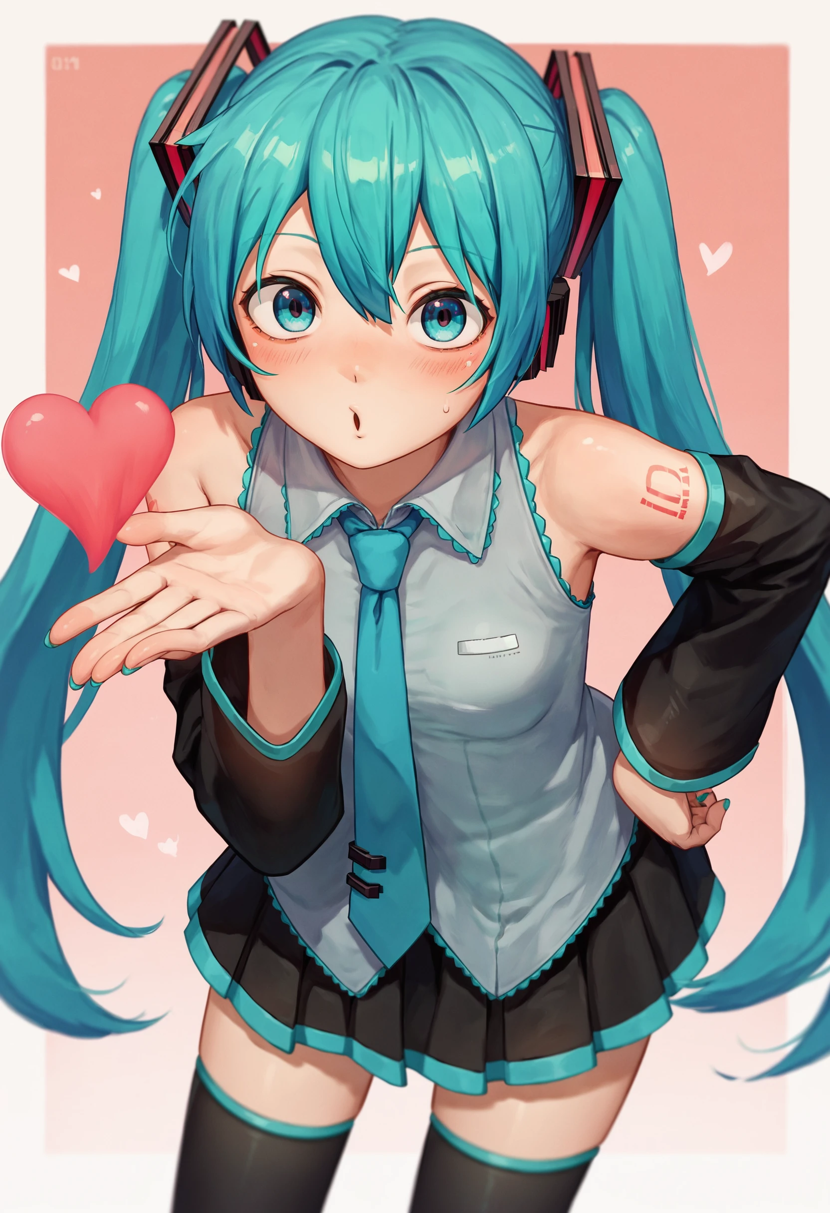 score_9_up score_8_up score_7_up, 1girl, blowing kiss, heart, hatsune miku, leaning forward, hand on hip
<lora:frieren_blowing_a_kiss_pony:1>